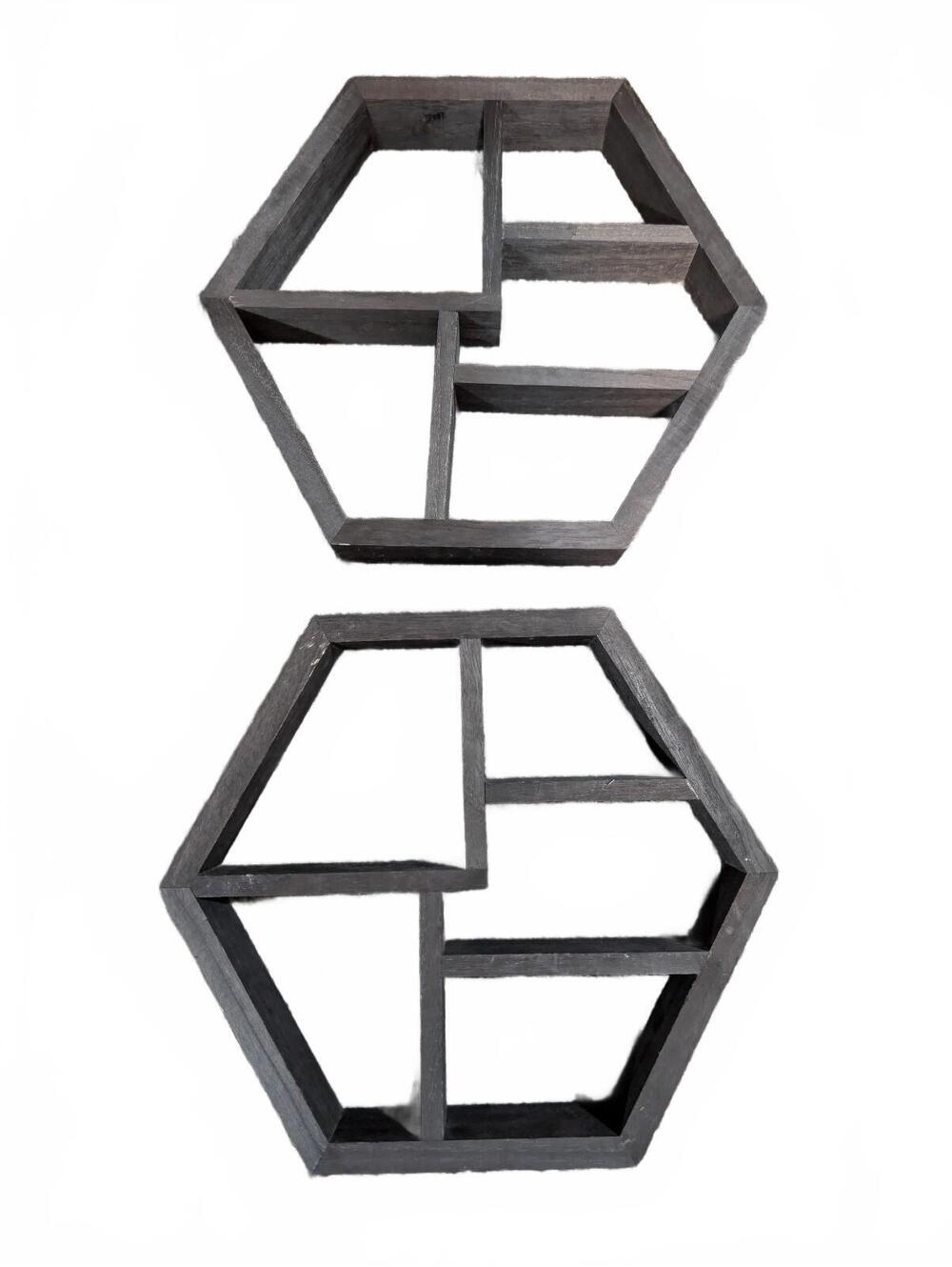 Set of 2 Hexagonal Black Wooden trinket shelves